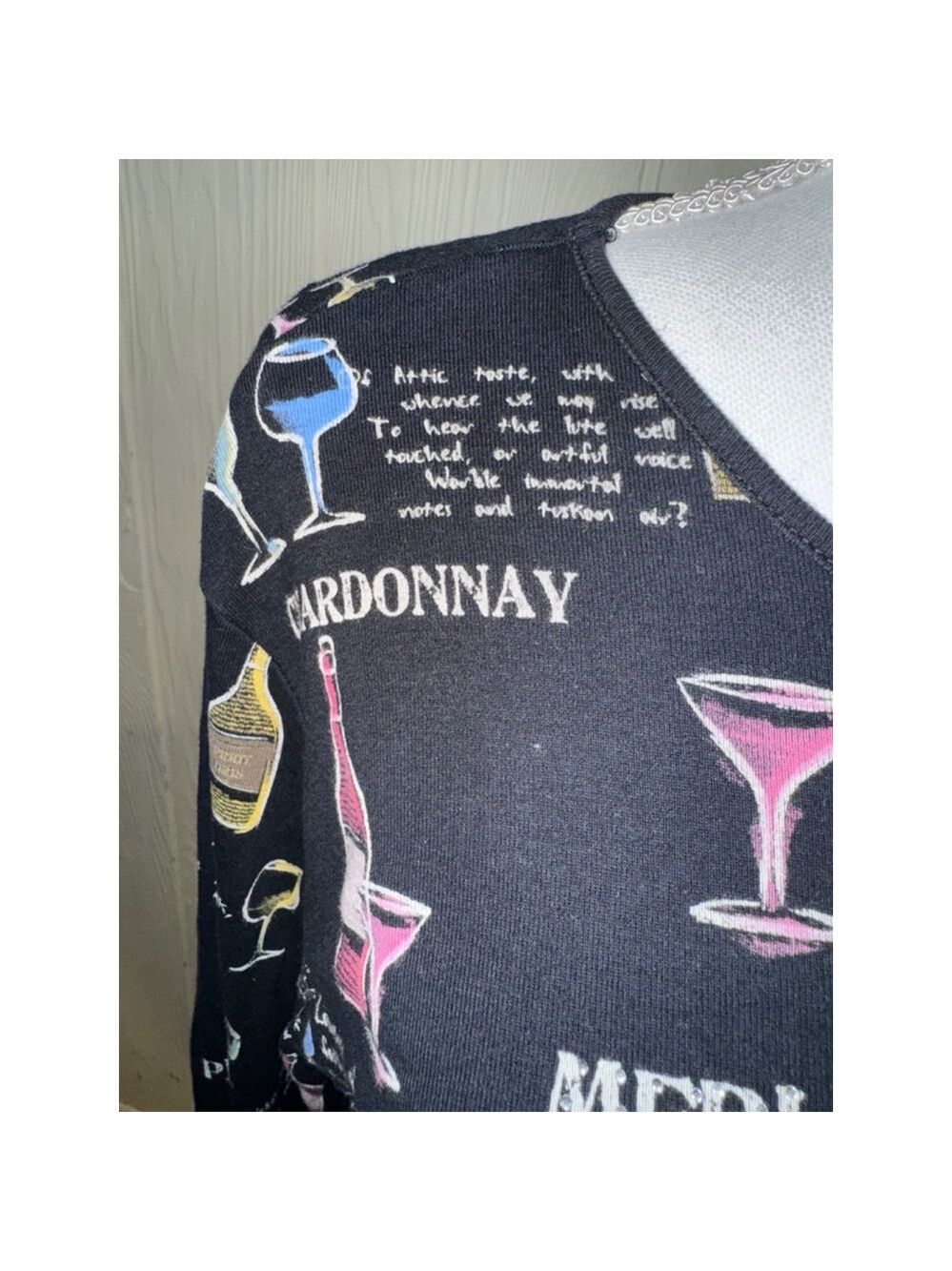 Jess & Jane Black Wine Print Long Sleeve Shirt Large - Picture 8 of 16